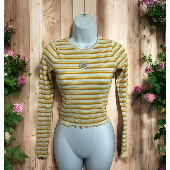 Hollister Yellow Striped Ribbed Daisy Top Sz XS Long-Sleeve Stretch Blouse - Picture 1 of 6